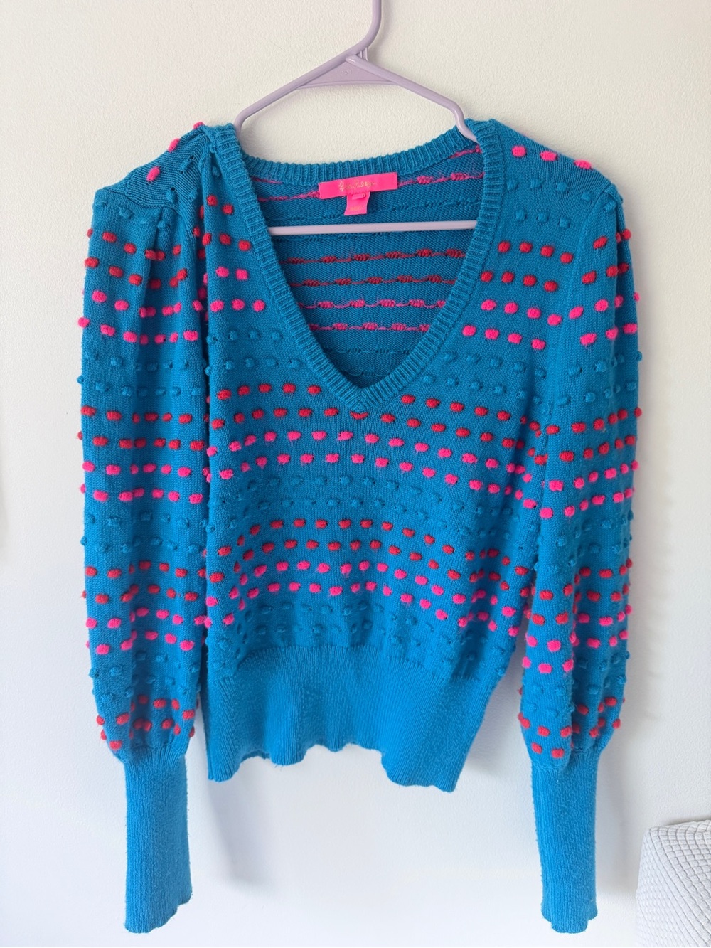 Lilly Pulitzer Teal V-Neck Sweater with Hot Pink Dot Texture